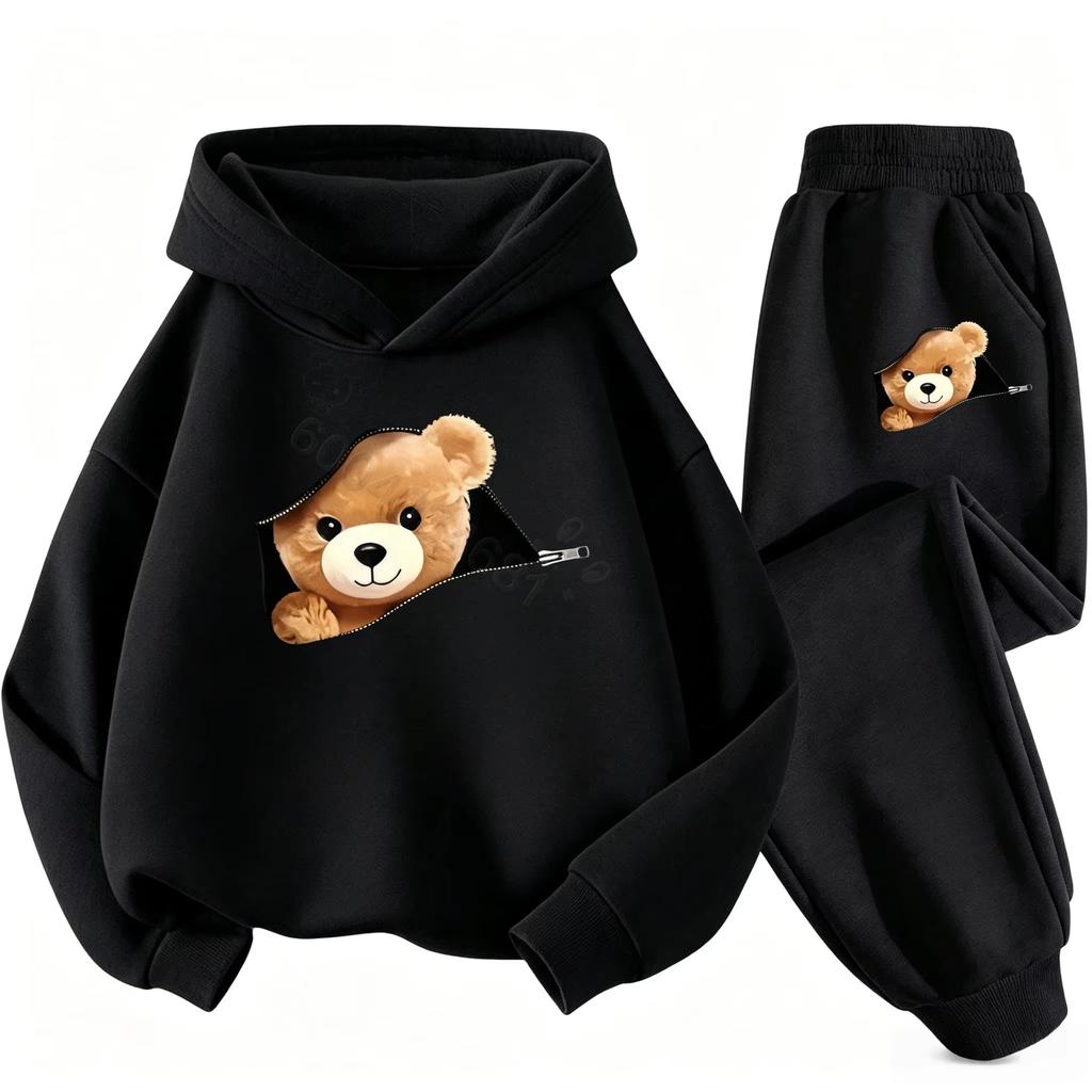 Autumn/Winter Children's Casual Sports Pants Set - Boys' and Girls' Fun Cartoon Bear Printed Long-Sleeved Fleece Sweater