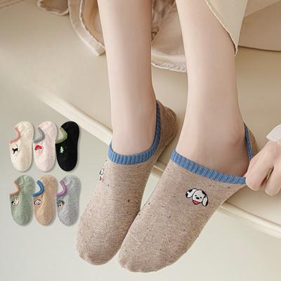 Summer Short Socks Girl Cartoon Embroidery Trendy Thin Cute Little Dog Animal Invisible Boat Socks Cotton That Won't Fall Off and Are Anti-slip