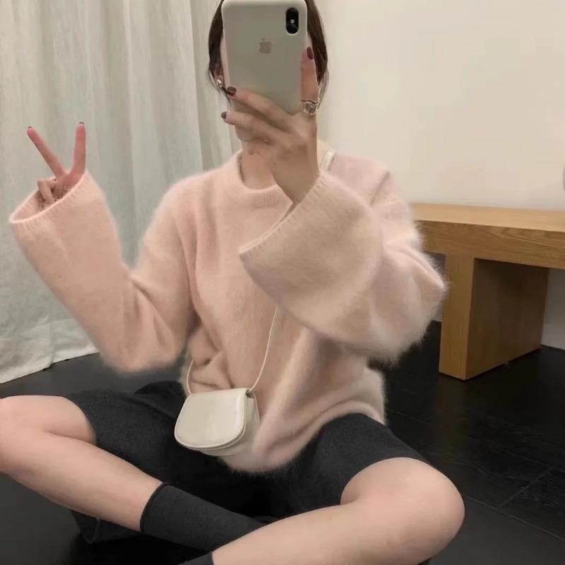 Hochwertiger grüner Nerz-Samt Pullover mit Rundhalsausschnitt für Herbst und Winter, weiche und wachsartige Oberbekleidung, dickes Mohair-Top