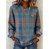 Felpa da Donna Girocollo Manica Lunga Patchwork a Quadri Vestibilità Larga Top da Pendolare Casual a Blocchi di Colore
