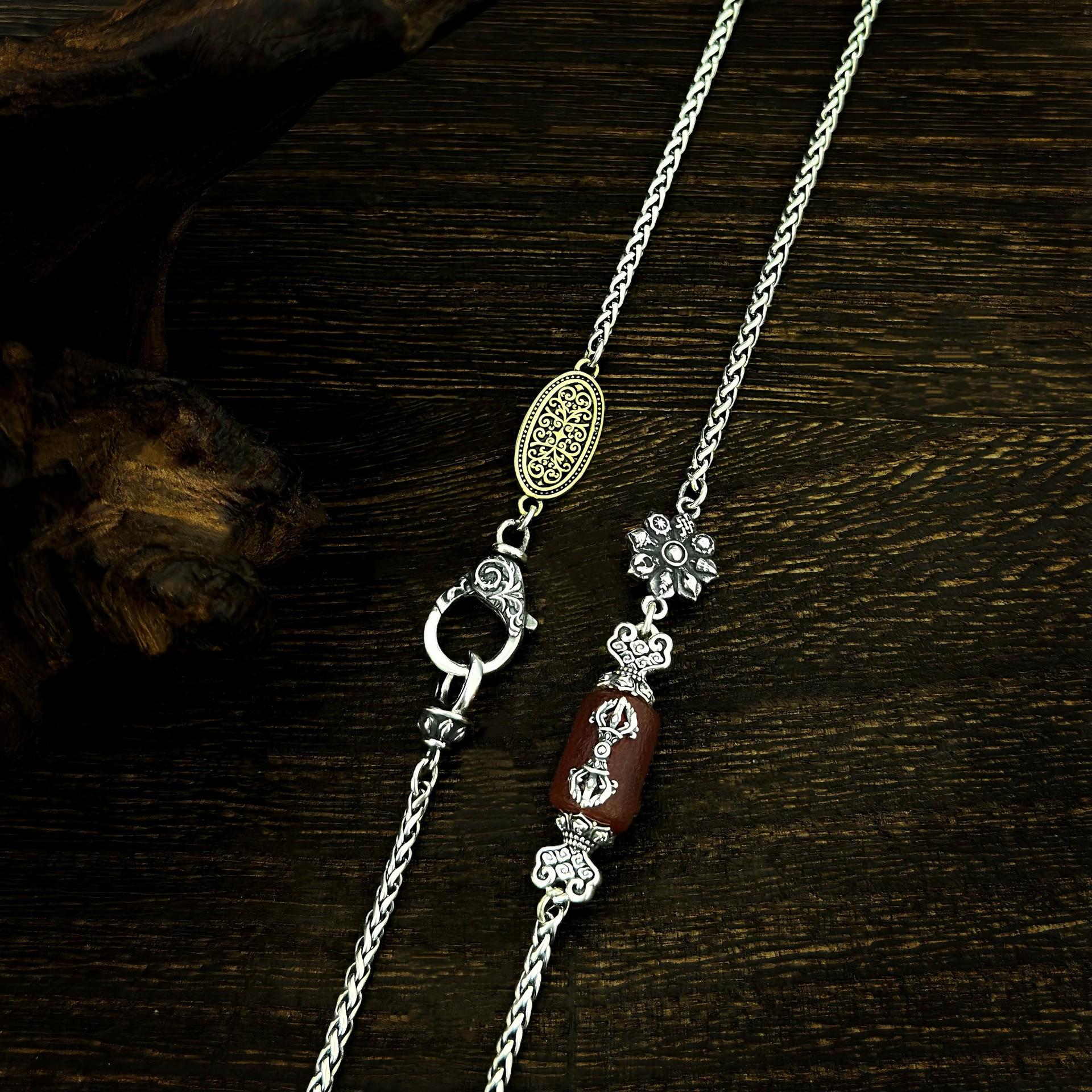 Vajra Red Agate Sterling Silver Necklace: Vintage Ethnic Style Chopin Chain Choker for Men & Women