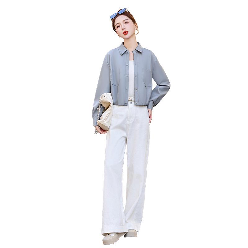 2025 Spring Women's Solid Color Loose Lapel PU Leather Jacket