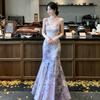 New Chinese-style purple kite flower suspender dress for women's summer new classical jacquard waist and thin temperament dress