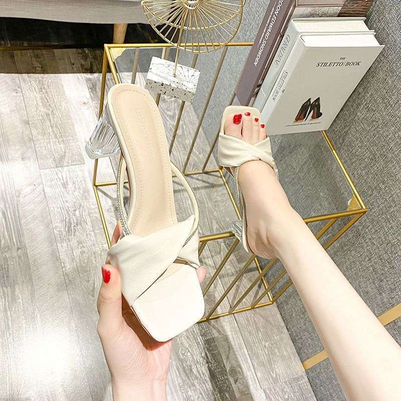 High-heeled sandals for women to wear in the summer of 2025, super fairy temperament cool slippers, popular crystal high-heeled one-word drag