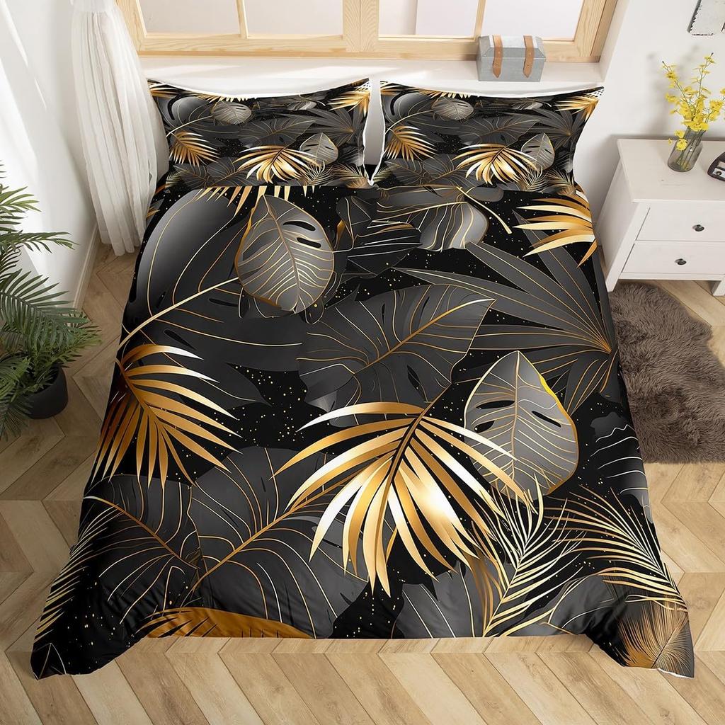 Tropical Botanical Duvet Cover Gold Palm Tree Leaf Comforter Cover King Jungle Nature Theme Watercolor Plant Leaves Bedding Set