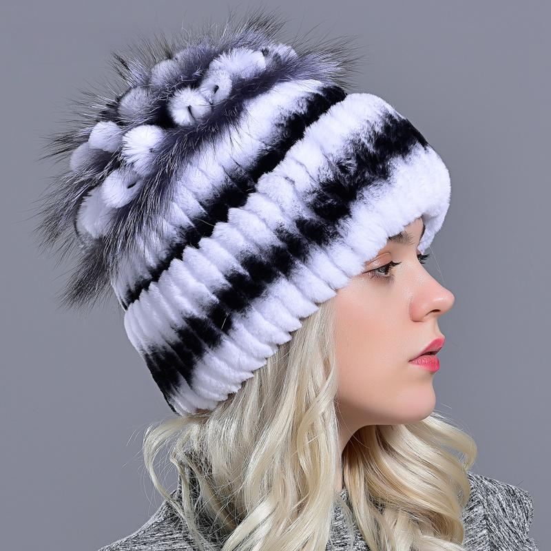 

Natural Rabbit Fur Hats Women Fluffy Winter Warm Beanies Floral Fashion Bonnet Casual Female Earflap Hand sewn Snow Hat 55-59cm білий