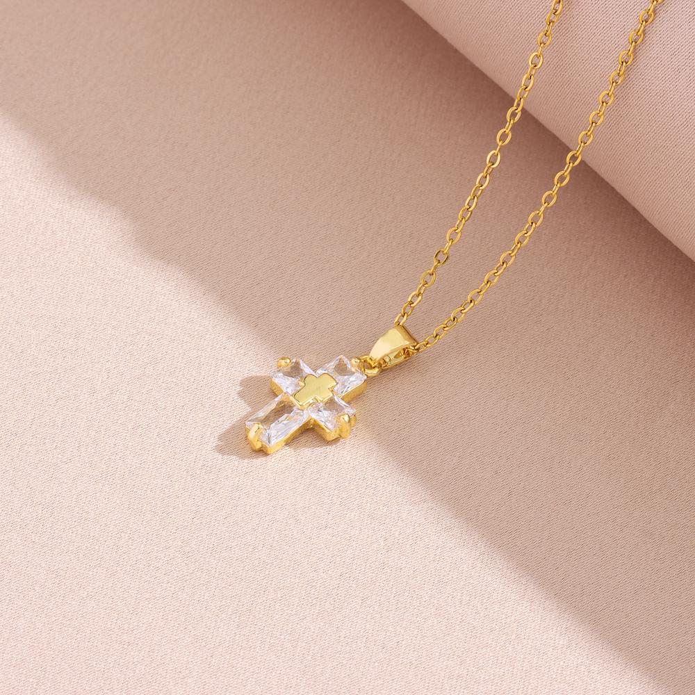 Sparkly Zircon Crystal Cross Pendant Necklaces For Women Trendy Female Stainless Steel Neck Chain Jewelry Girls Party Gift