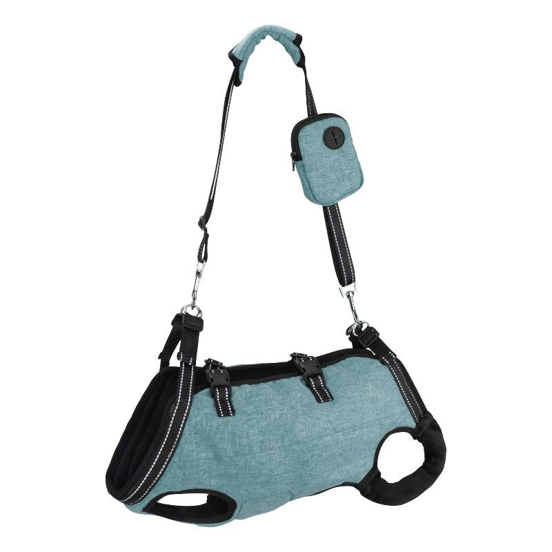 Tiergestützte Rehabilitationsübung für behinderte Hunde. Verstellbare Hundeleinen für Brust und Rücken des Hundes