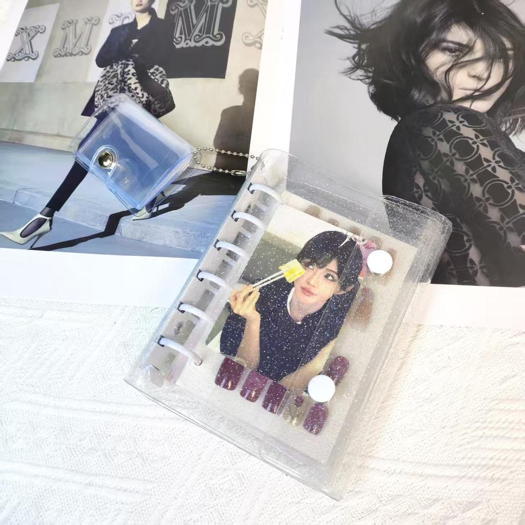 A7 Glitter Double Button Transparent PVC Soft Shell Color 6-hole Metal Clip, Hand Ledger, Photo Album, Loose Leaf Shell, Including 10 Inner Pages