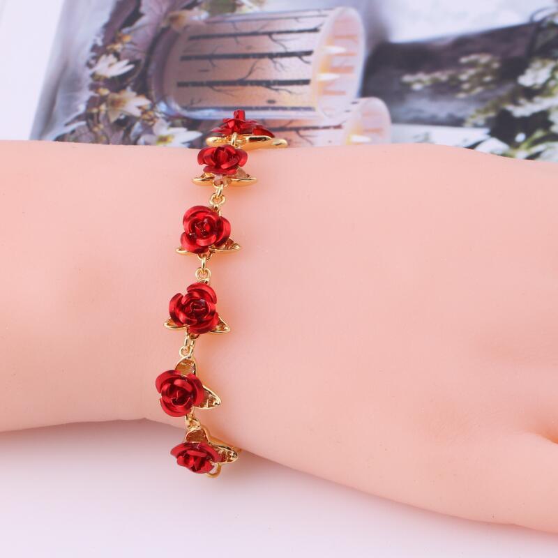 Romantic Adjustable Red Rose Link Chain Bracelet  Valentine Gift for Lover Women's Hand Bracelets Bride Jewelry Accessori