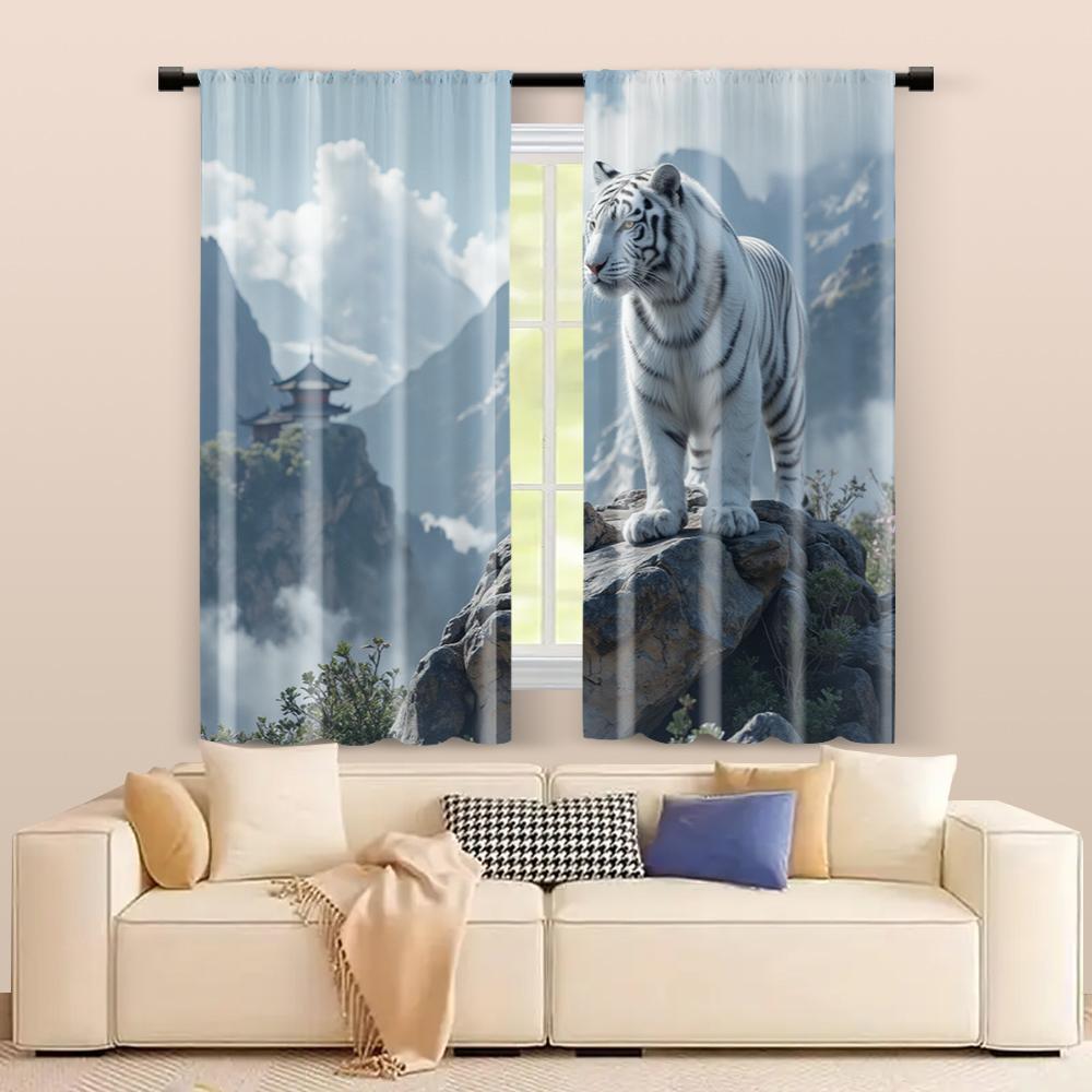 Set Of 2 Filtering Curtains Excluding Rods Non Movable Without Batteries Vibrant Tiger Use Bedrooms Living Rooms Curtain Polyester Ideal For Area