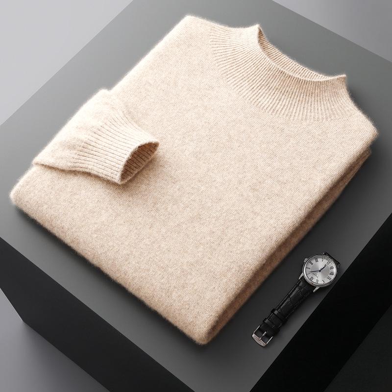 Men's Pure Wool Half-High Collar Solid Color Pullover Sweater - Loose, Plus Size, Warm Knitwear