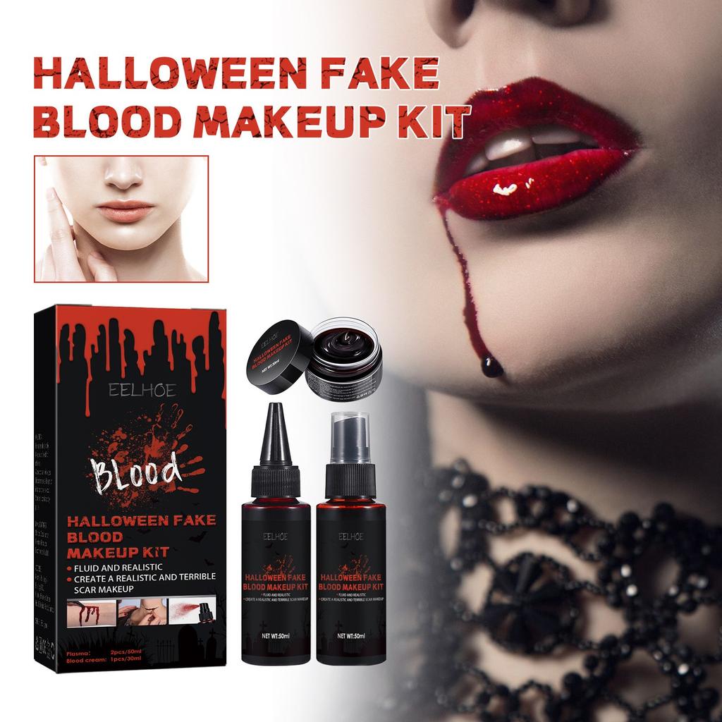 3PCS Fake Blood Makeup Kit-Coagulated Blood 30ml+Fake Blood Spray 50ml+Dripping Blood 50ml, Realistic Washable Special Effects SFX Makeup Set