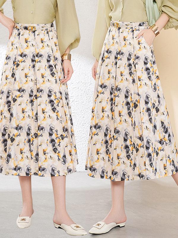 

Tencel Ink Floral A-line Midi Skirt for Women - 2025 Spring/Summer/Fall Fashion 4XL