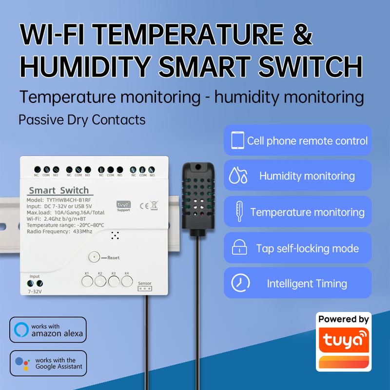 DC 7-32V Tuya Smart WiFi 4 Channel Relay With Temperature Humidity Sensor Passive Dry Contact Switch Alexa Alice Compatible