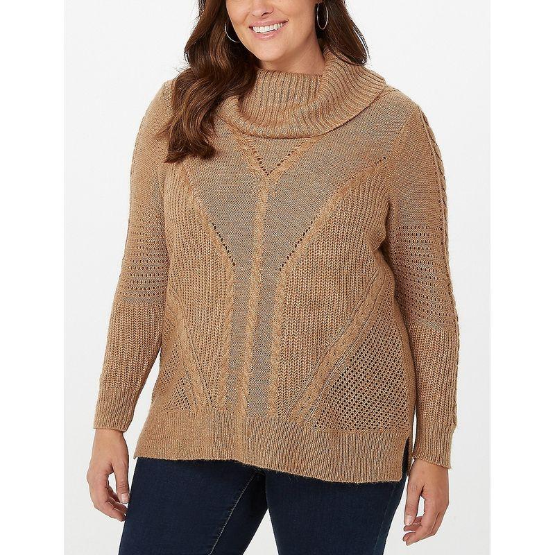 

House Autumn and Winter Clothing Export European and American plus Fat plus Size Turtleneck Cable Stitch Long Sleeves Sweater Women s Knitwear Khaki Bust size 122