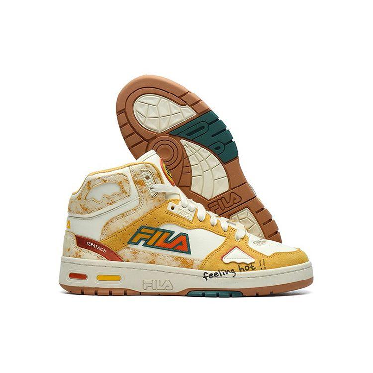 Fila Fusion Teratach Mesh Fabric Synthetic Leather Heritage Basketball Mid-Top Lifestyle Shoes Women sneakers Yellow White T12W141229FPS