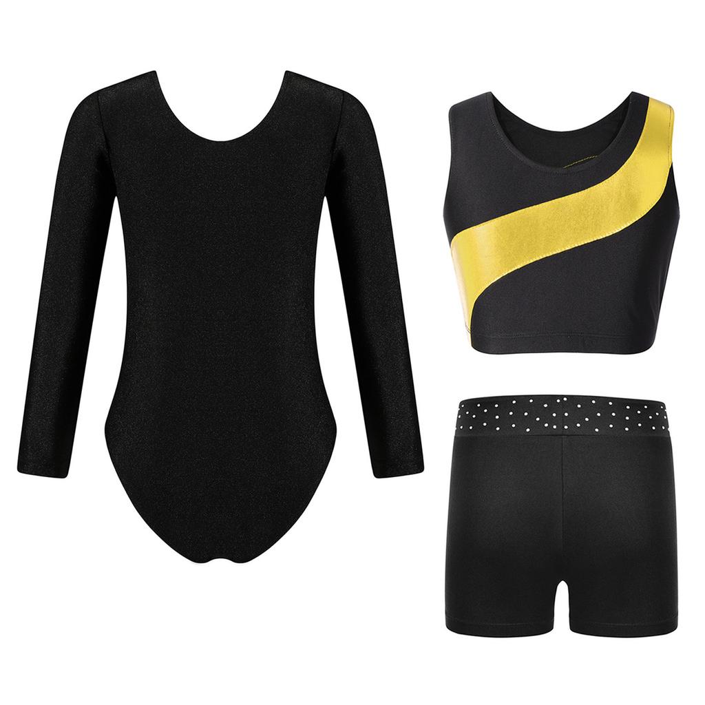 Dívčí gymnastický taneční set Dlouhý rukáv Metalický patchworkový trikot Crop top a Šortky s kamínkovým pasem
