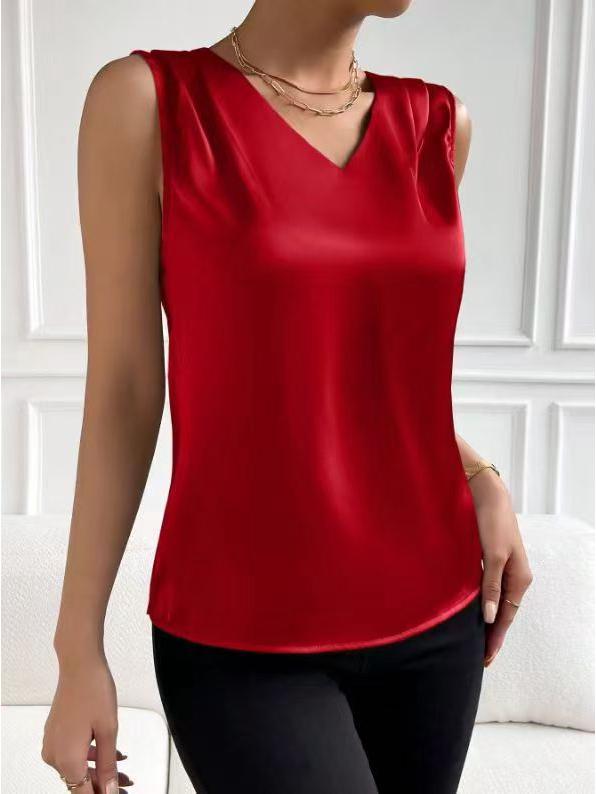 Европейский женский атласный шелковый костюм без рукавов 2025 года: Элегантный базовый топ для commutes Medium