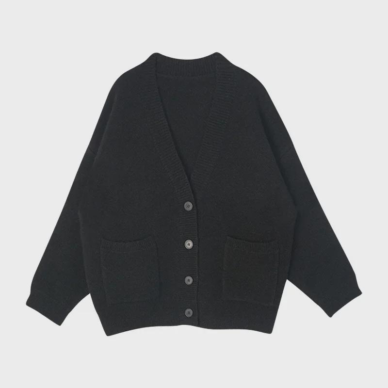 Women's Loose Fit Black Knitted Cardigan Jacket - Early Spring 2024 Lazy Style