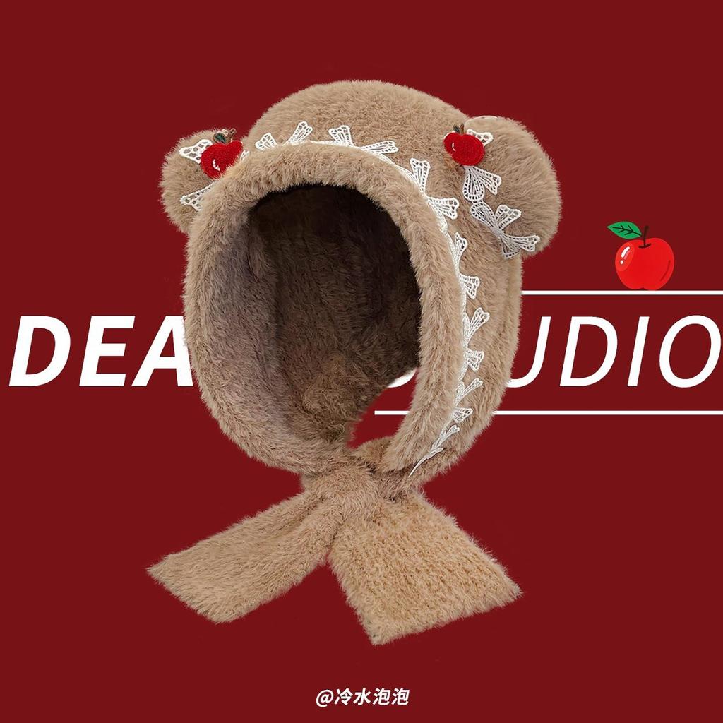 Winter Verdickte Behaarte Bärenohren Pullover Mütze Kinder Neu Apfel Spitzkante Nackenschutz Schleife Mütze Tide