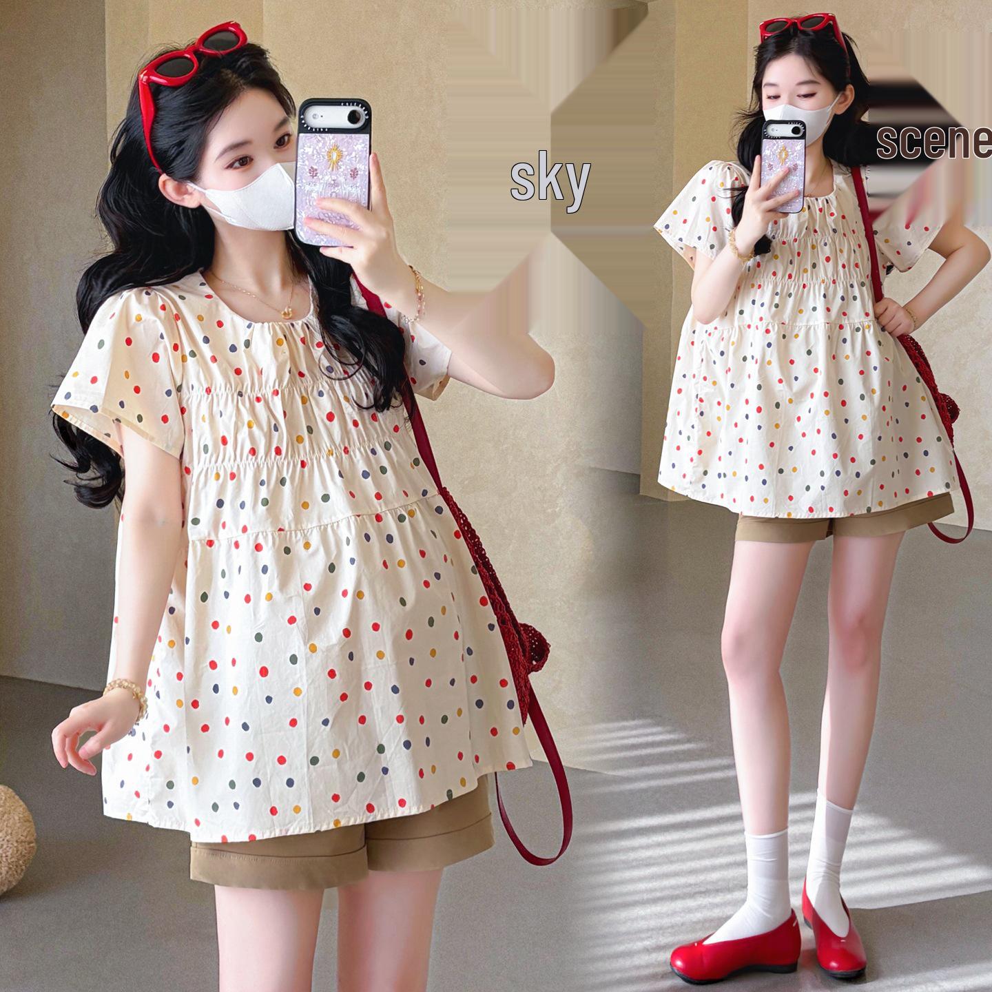 2026 Spring/Summer Korean Style Polka Dot Puff Sleeve Doll Top + Belly Support Shorts M