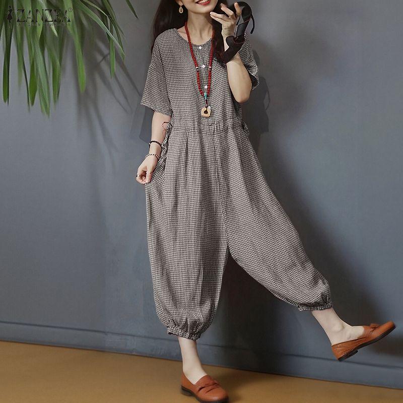 ZANZEA Women Casual Round Neck Short Sleeve Loose Grid Print Jumpsuits