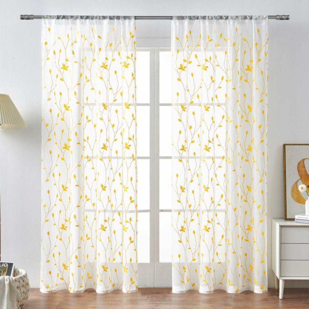 Pastoral Style Window Drapes Embroidery Tulle Curtain Leaf Pattern Sheer Curtain Home Decoration