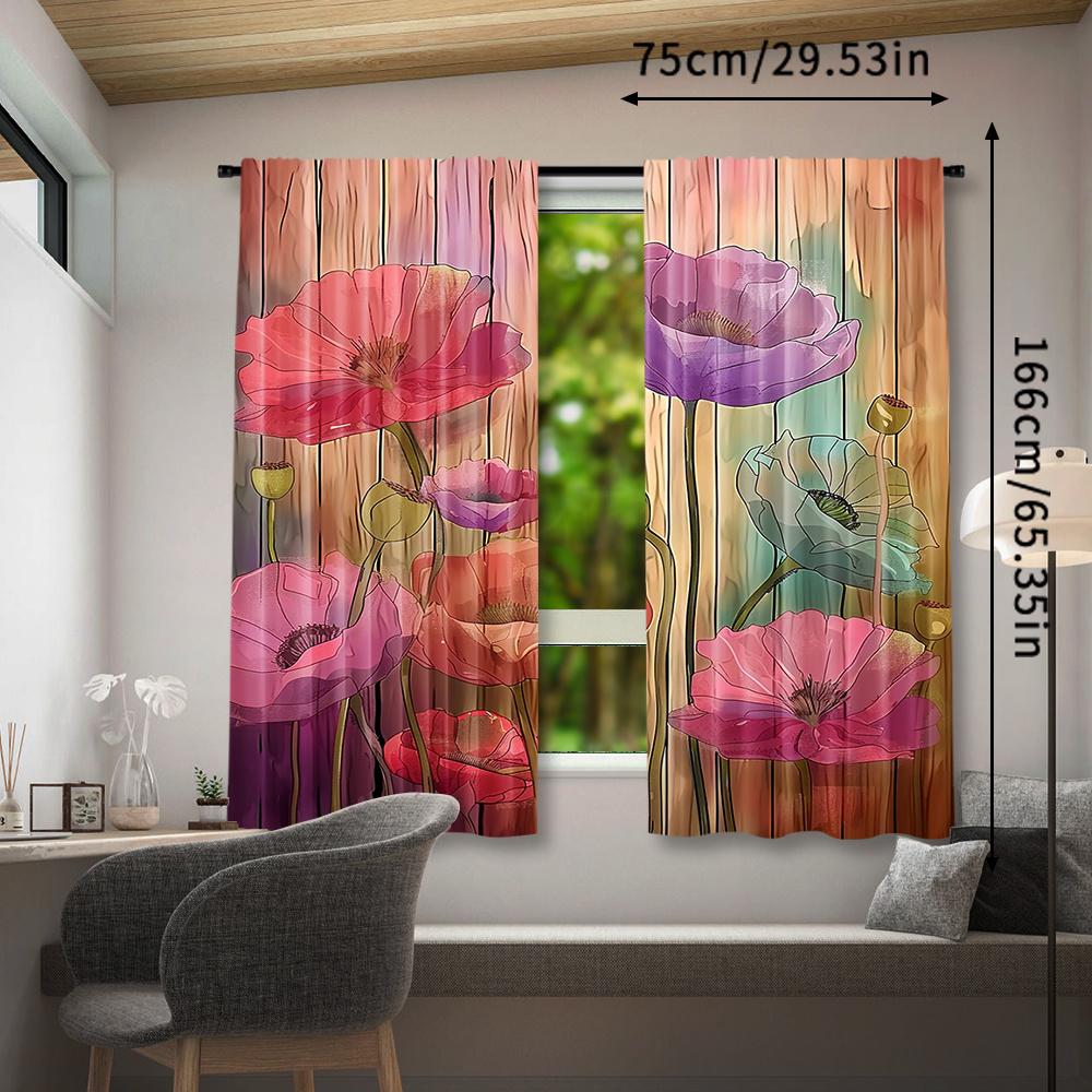 2pcs Multicolored Floral Printed Curtains   Semi-Transparent Rod Pocket Drapes for Bedroom and Living Room   Contemporary Home Dec
