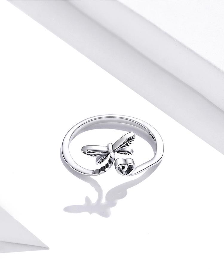 Sterling Silver S925 Dragonfly Love Open Ring - Heart-Shaped Fashion Jewelry