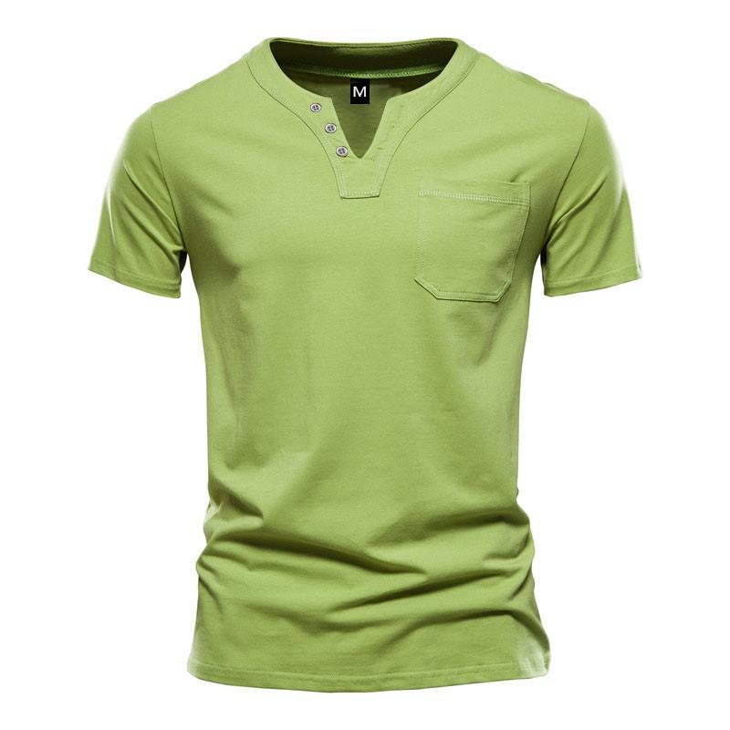 Men's V-neck Short-sleeved T-shirt Youth Casual Slim Sports Henley Solid Color Top