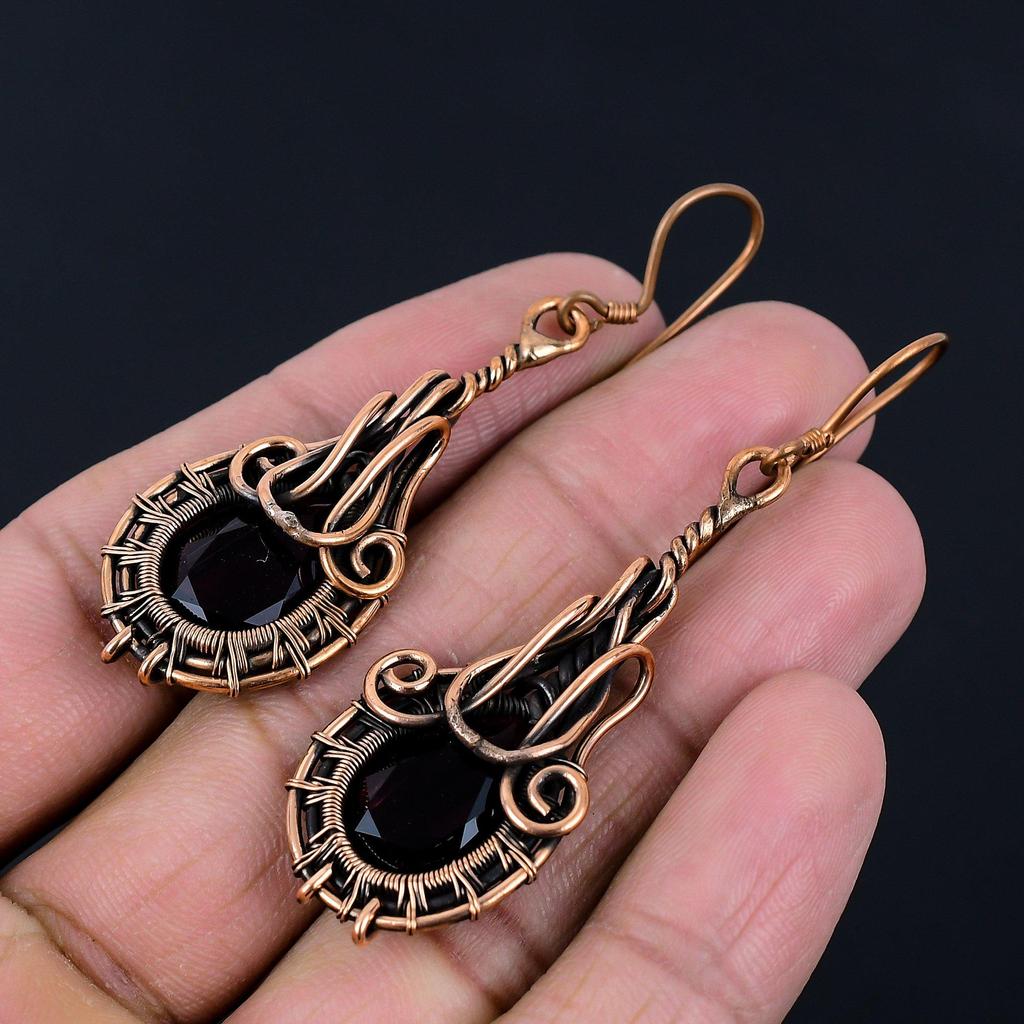 Astonishing Amethyst Gemstone Handmade Pure Copper Wire Wrapped Earrings Jewelry