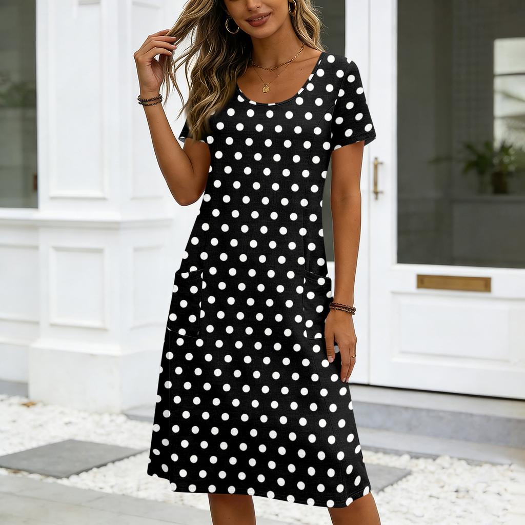 Women’s Short Sleeve Polka Dot Midi Dress with Scoop Neck and Side Pockets Casual Loose Fit Soft Fabric Design