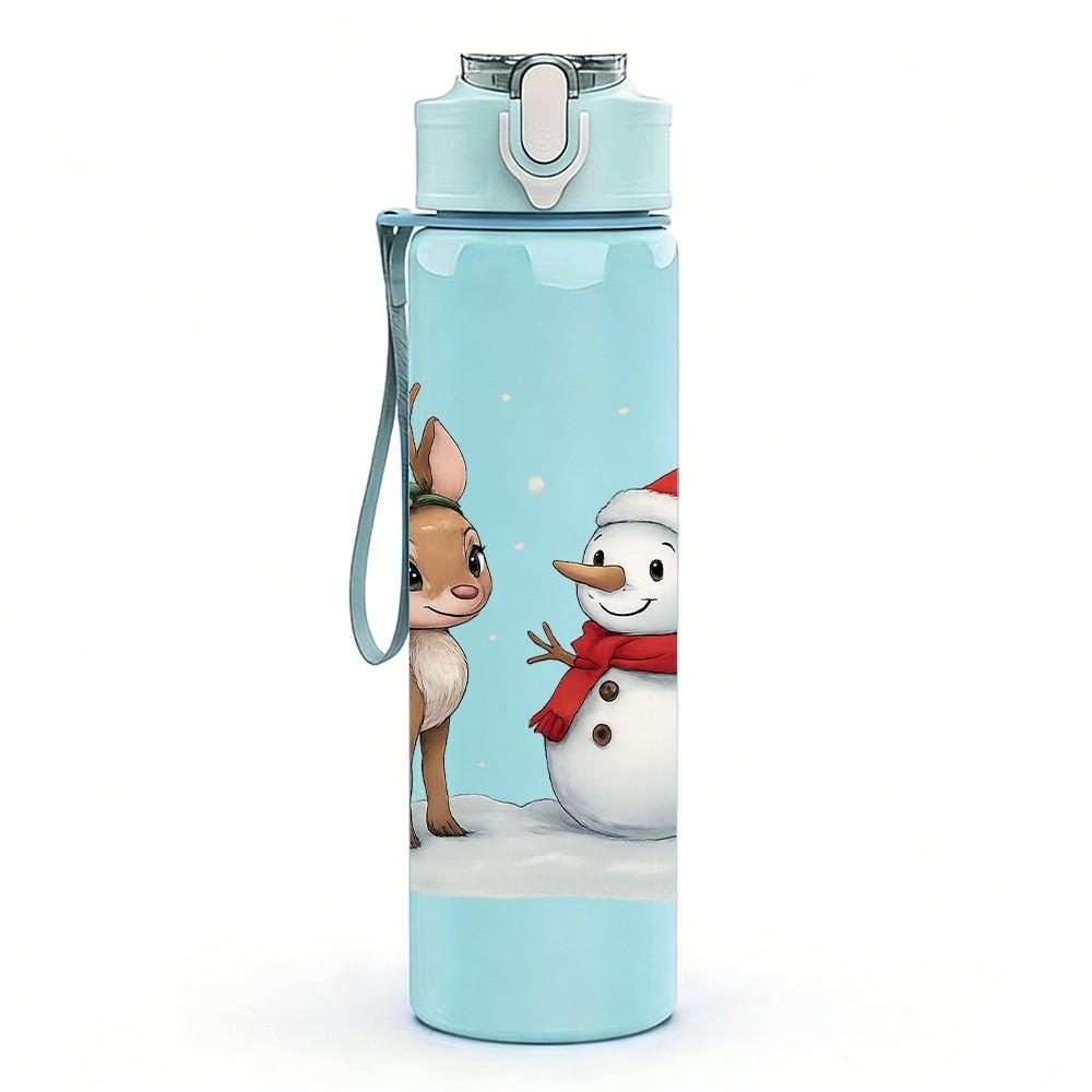 1PC Reindeer And Snowman Winter Print 750ml Color Plastic Sports Water Bottle Leakproof Flip Straw Lid Suitable for Sports Office Home Use