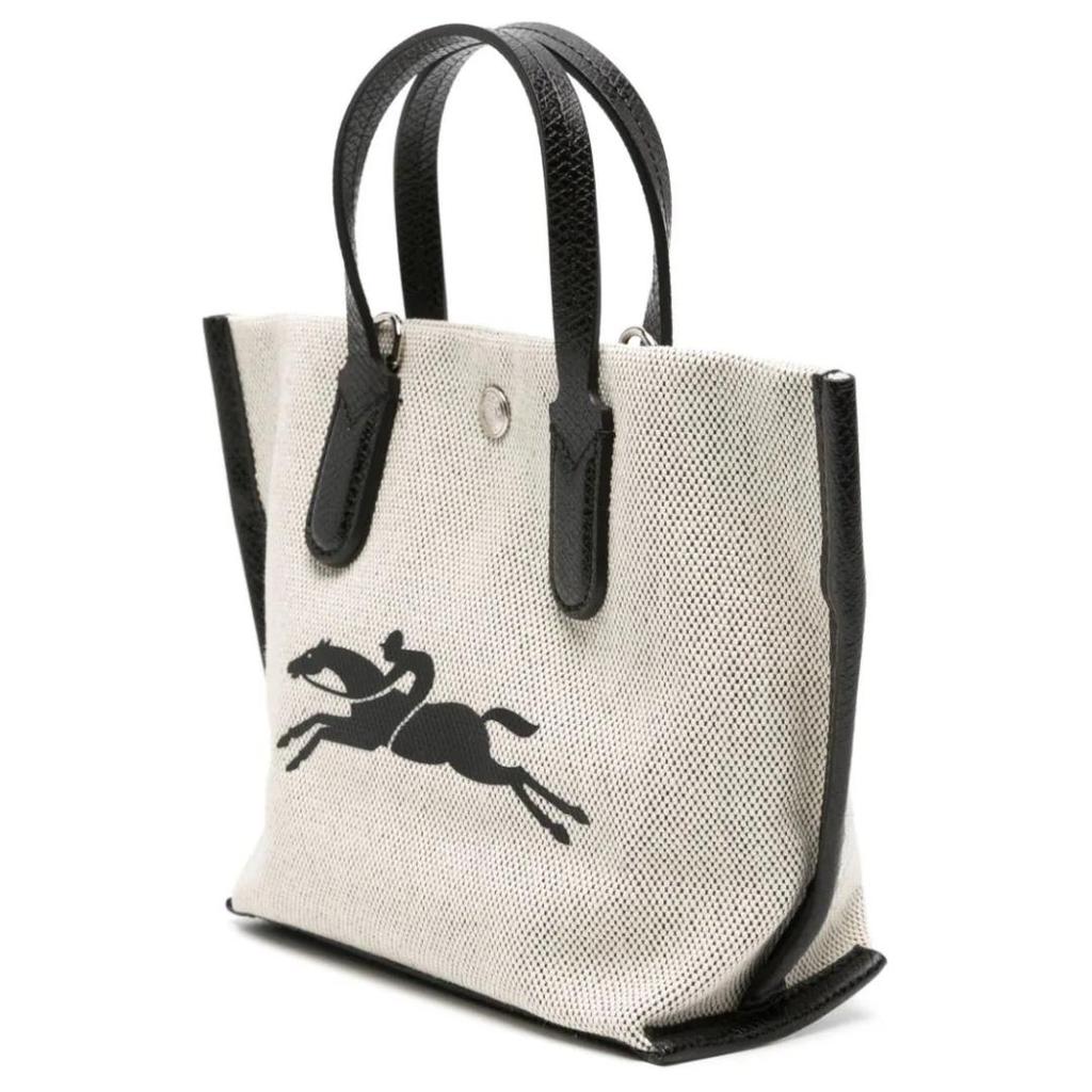 Longchamp Essential Logo Print Snap Closure Cotton Canvas Tote Bag Women Tote Bags Beige Black 10259HSG037