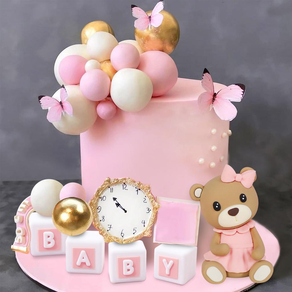 14 ks Medvídkových Topperů na Dort Mini Medvídek Zlatý Modrý Bílý Perlový Míček Na Baby Shower Chlapec Narozeninová Oslava Téma Medvídek Party Potřeby