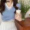 WTEMPO Dame V-hals Kortermet Stripete T-skjorter Dame Chic Vintage Sommer Ins Koreansk Strikket Slim Cropped Topper