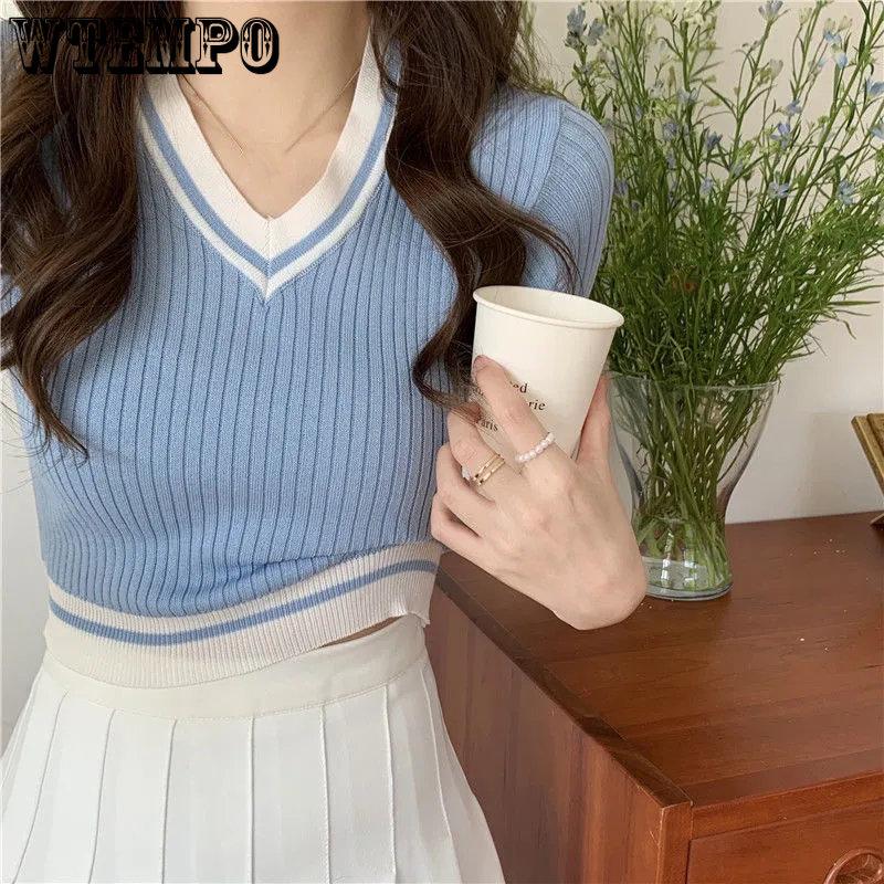 WTEMPO Dame V-hals Kortermet Stripete T-skjorter Dame Chic Vintage Sommer Ins Koreansk Strikket Slim Cropped Topper