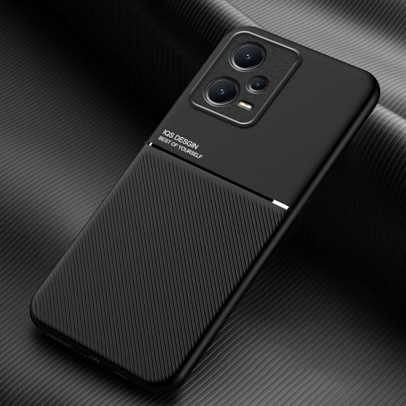 

Anti-collision Back Case for Xiaomi Redmi Note 12 Pro+ 5G Lines Imprinted PU Leather+TPU Hybrid Shell with Built-in Metal Sheet Black
