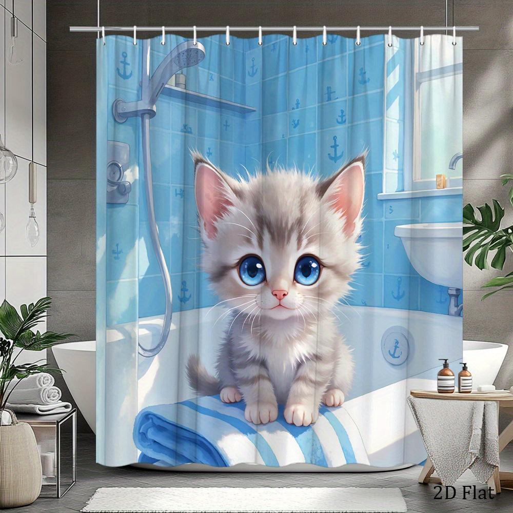 Cute Kitten Shower Curtain Blue Eyes Cat In Bathtub Cartoon Art Kids Room Decor Waterproof Fabric Bath Curtain Set Home Style