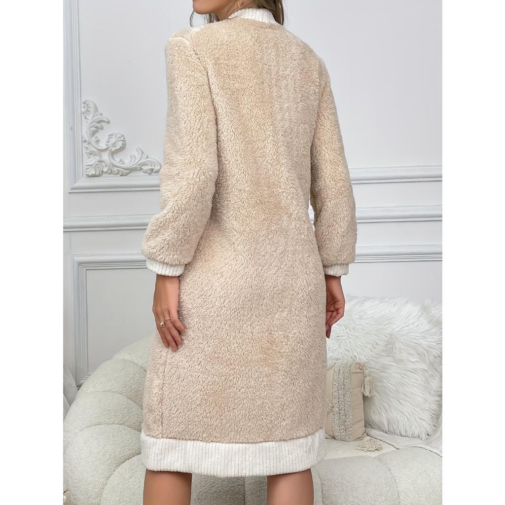 Color Block Fleece Thick Nightgown, Long Sleeved Open Top V-neck Nightgown with Pockets, Women's Pajamas and Dresses