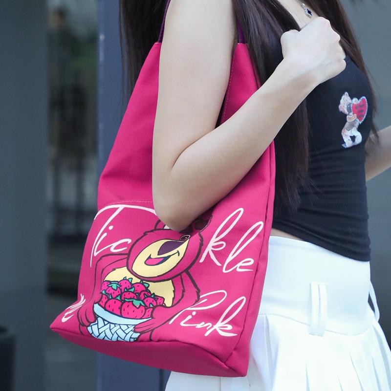 New Disney Lotso Collection Mickey Collection Canvas One Shoulder Handbag, Canvas Bag Regular Unisex Black White/Rose Red DHF23807-LOA