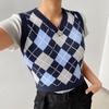Womens Casual Plaid Knitted Tank Top  Knitwear Preppy Style V-Neck Vest Sweater