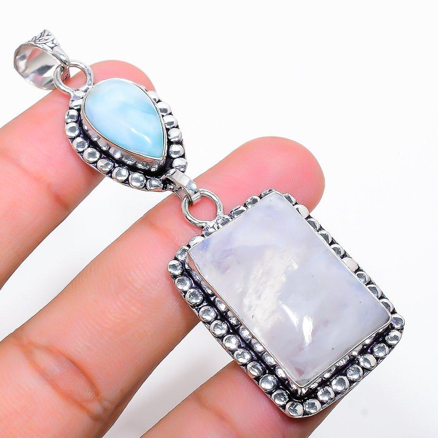 Rainbow Moonstone, Larimar Gemstone 925 Sterling Silver Jewelry Pendant 2.96"