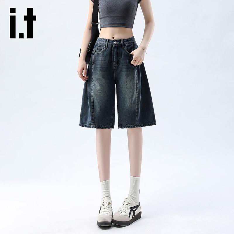 Izzueit Women s American Retro Washed Denim High-Waist Bermuda Shorts M