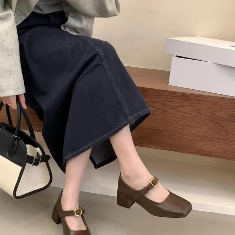 Design Pantofi Unici de Primăvară Toamnă cu Vârf Pătrat, Pantofi cu Toc Gros Stil Stradal pentru Femei, Pantofi Vintage Mary Jane pentru Doamne