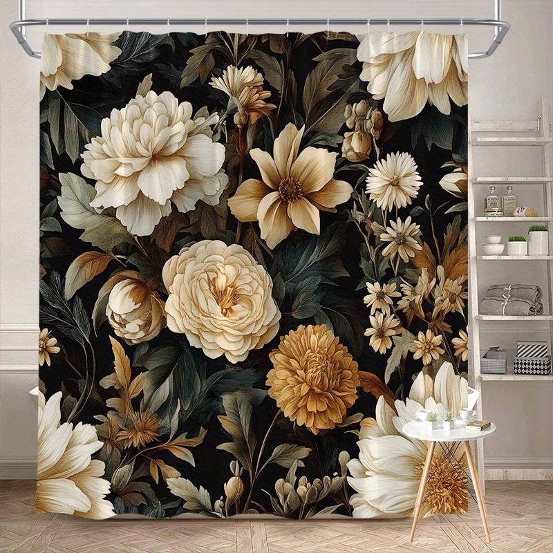 Vintage Floral Shower Curtain 180x180cm – Cream & Gold Peonies with Daisies on Black Background, Elegant Bathroom Decor 12 Hooks