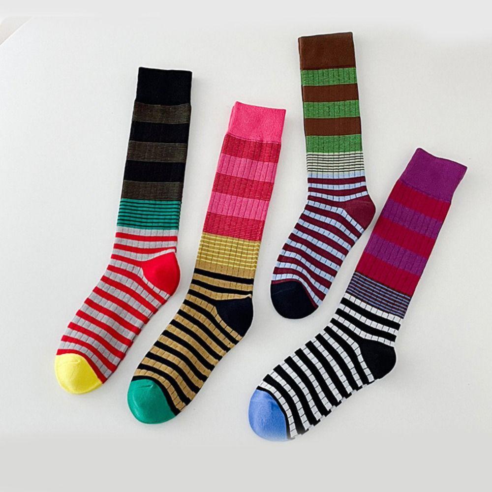 4pairs Patchwork Colorful Striped Calf Socks Japanese Style Retro Pile Socks  Girl