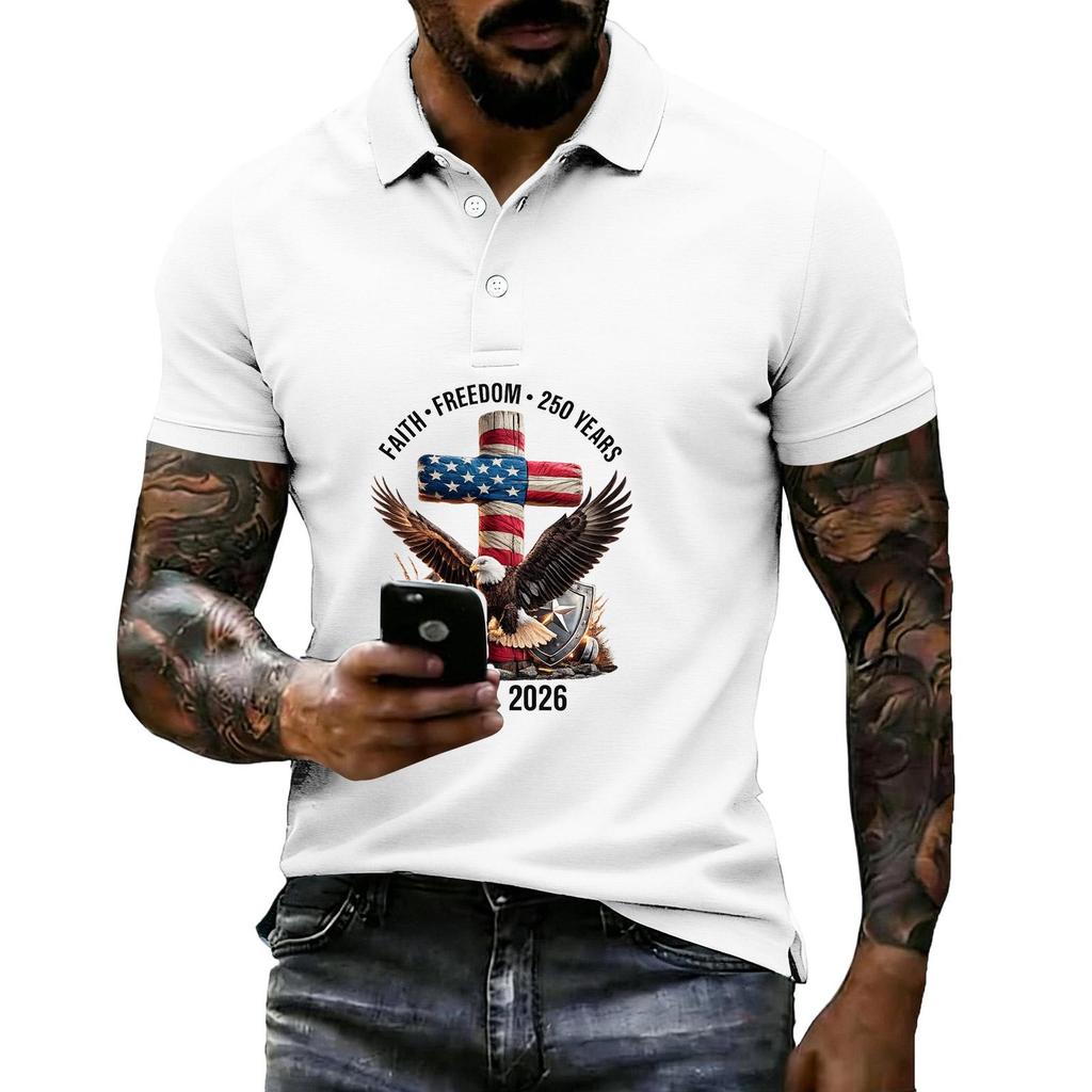 Men's Loose Fit Casual Short Sleeve Polo Shirt with Patriotic Graphic Print 250 Years Commemoration 1776-2026 Cotton Blend Comfortable Design