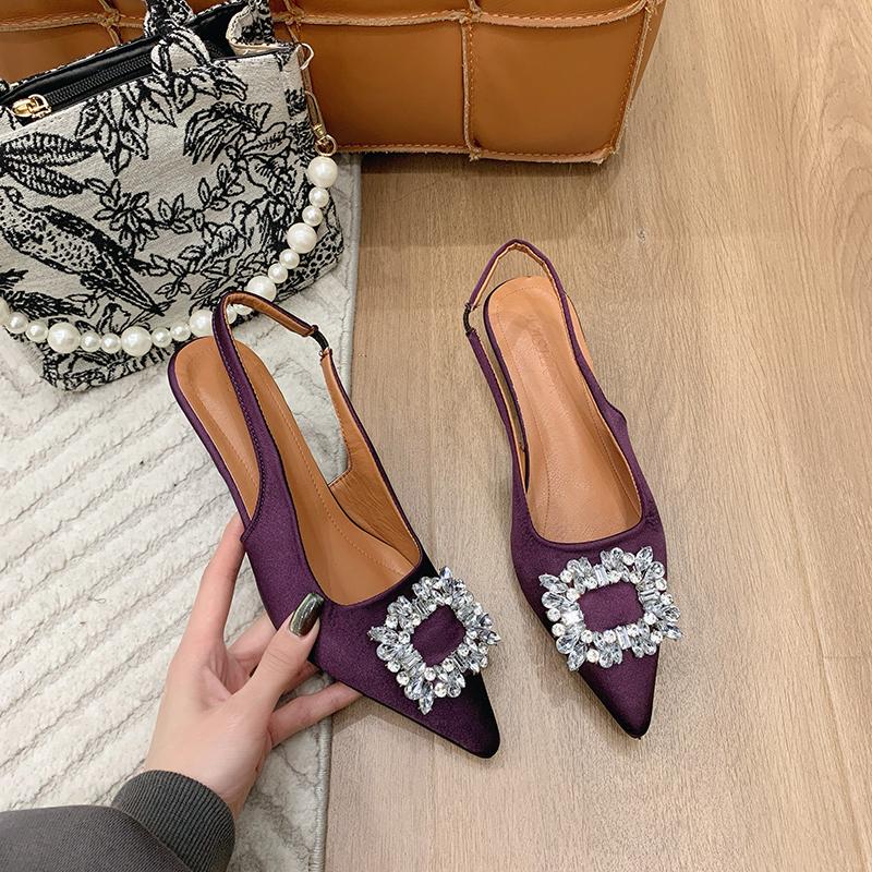Classic Elegant Slingback Sandals Women Rhinestone Buckle Back Strap Flat Ballet Design High Heel Shoes Brand Mule Office Mujer